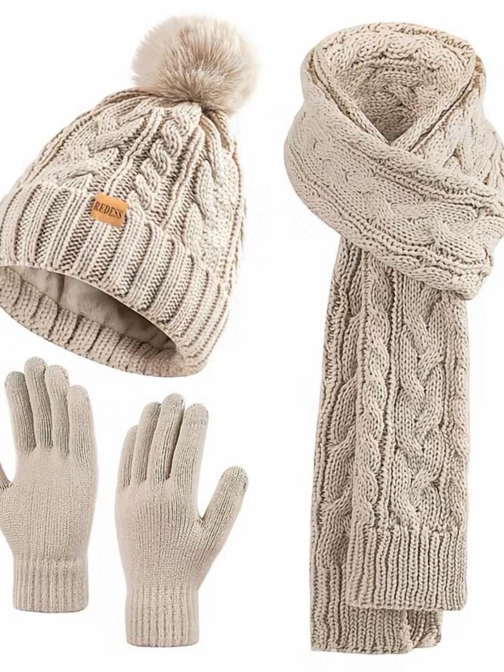 Cream Cable Knit Pom Beanie, Scarf & Gloves Set - Women